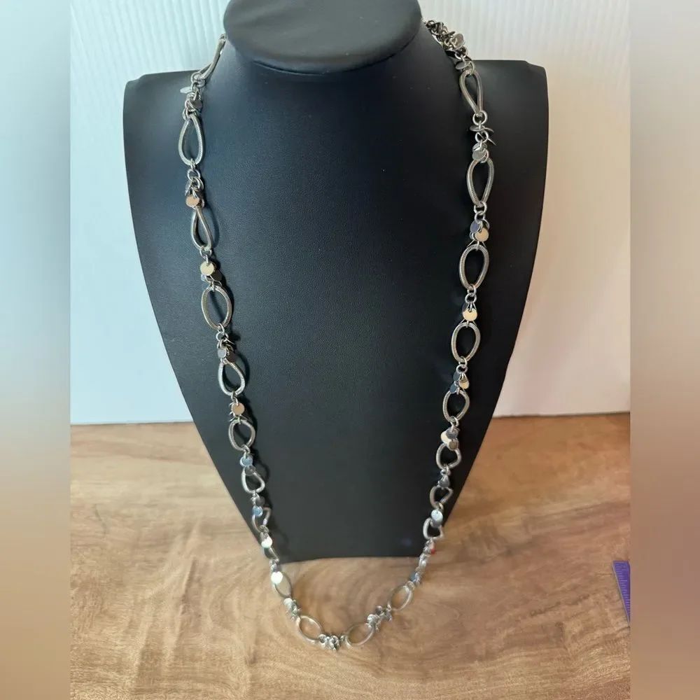 Lia Sophia 32" Silver Tone Textured Link and Small Smooth Disc Sparkly Necklace
